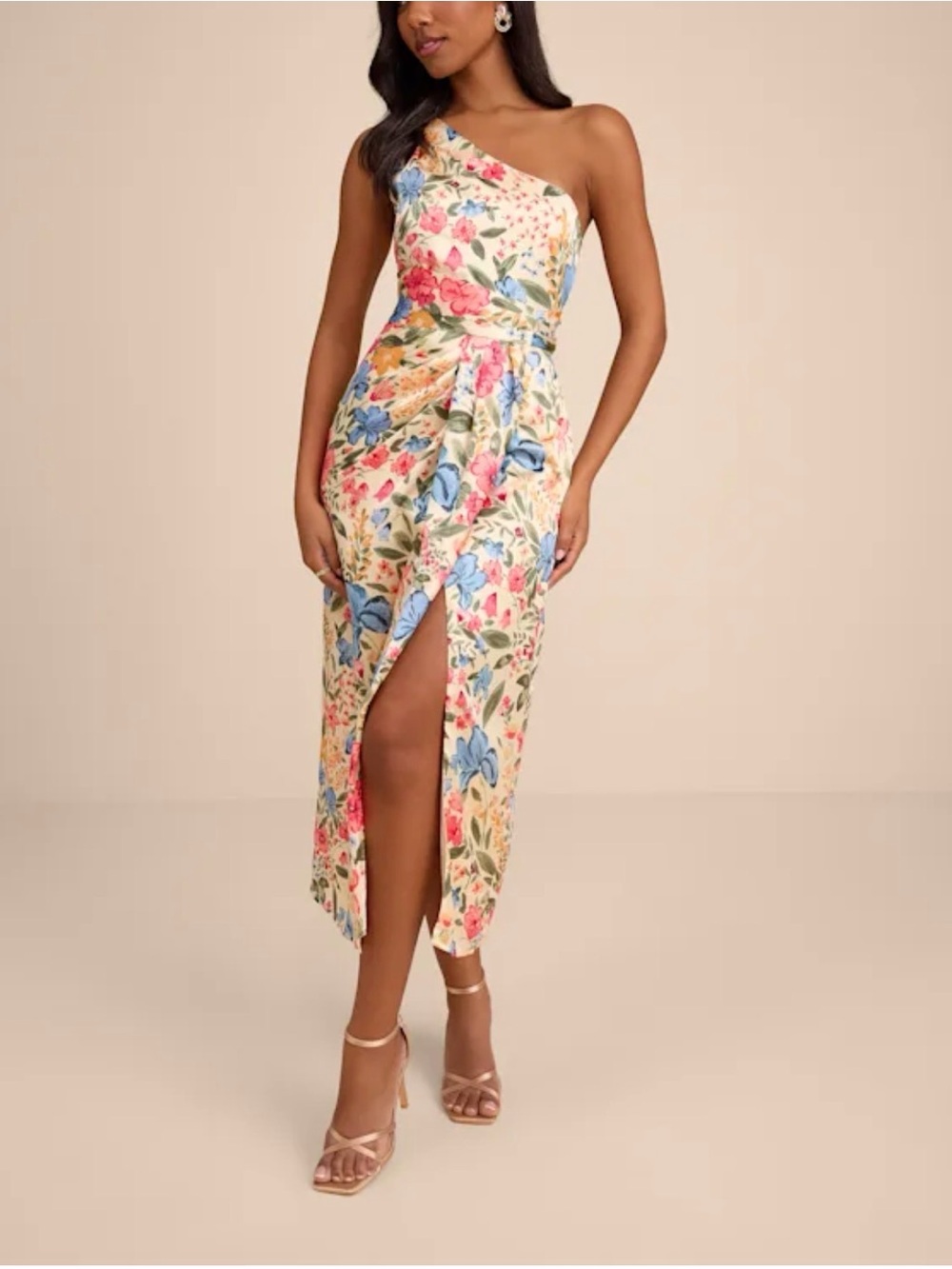 Lulus One-Shoulder Floral Midi Dress in Cream